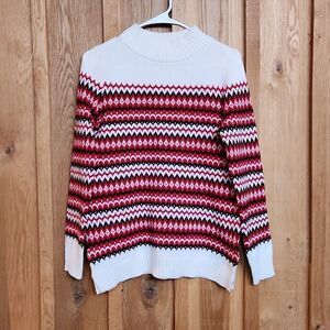 Talbots Chalet Fair Isle Wool Mock Neck Knit Sweater, XS Petite, Red Black Cream